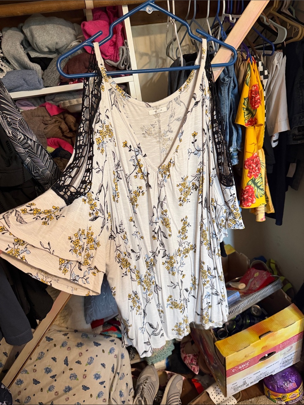 Maurices White Floral Cold-Shoulder Tunic with Yellow and Black Accents